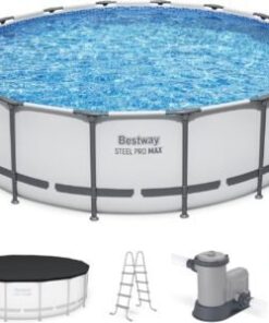 Bestway Steel Pro MAX 16 Foot x 48 Inch Round Metal Frame Above Ground Outdoor Swimming Pool Set