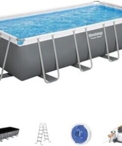 Bestway Power Steel 18′ x 9′ x 48″ Rectangular Metal Frame Above Ground Outdoor Swimming Pool Set with 1,500 GPH Filter Pump, Ladder, and Pool Cover