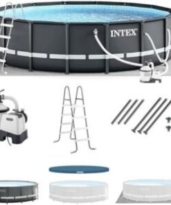 Intex Ultra XTR Frame 14′ x 42″ Round Above Ground Outdoor Swimming Pool Set with Sand Filter Pump, Ladder, Ground Cloth, and Pool Cover